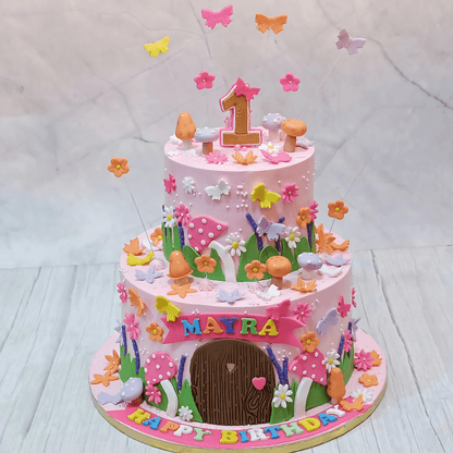 Butterfly First Birthday 4kg pineapple  Cake by cakestry15 noida,full image in pink