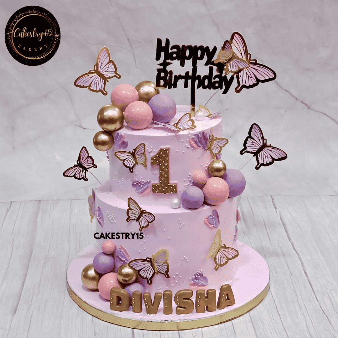 Butterfly Kisses Cake,3kg butterscotch flavour,first birthday,butterfly theme cake by cakestry15 noida,cake full image