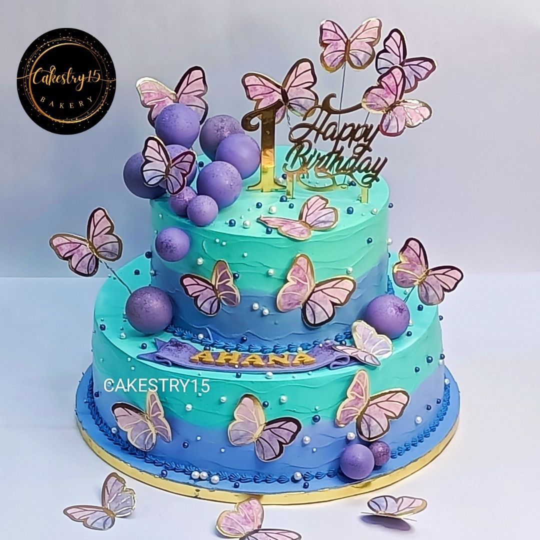  Butterfly Lavender 5kg butterscotch first birthday Cake by cakestry15 noida,full image