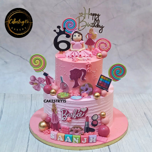 Candy Swirls & Barbie Magic,4kg 2tier black forest 6th birthday cake by cakestry15 noida,cake full image,cake for girls