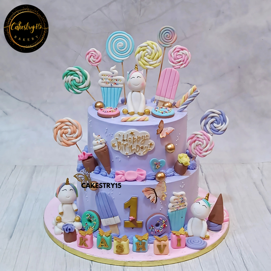 Candyland Unicorn Extravaganza,5kg 2tier pineapple first birthday cake by cakestry15 noida,cake full image,cake for girls