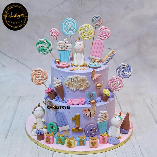 Candyland Unicorn Extravaganza,5kg 2tier pineapple first birthday cake by cakestry15 noida,cake full image,cake for girls