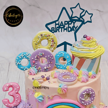 Candyland theme 1kg Vanilla flavour 3rd birthday cake,top tier close up image