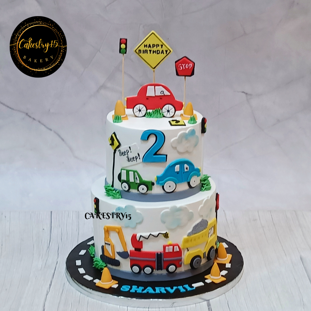 Car Adventure theme 3kg size 2tier blueberry flavor 2nd birthday cake,full image