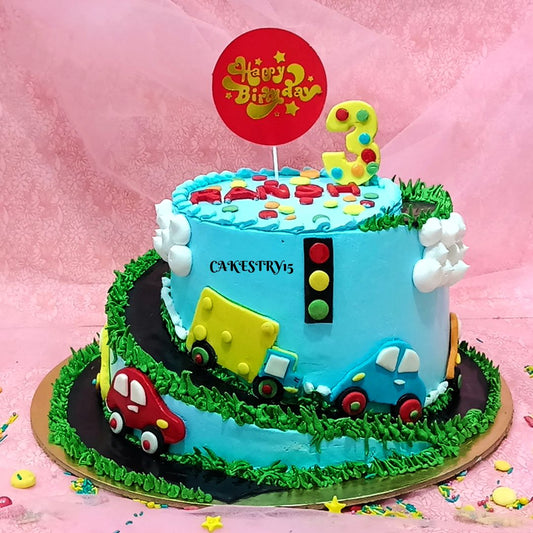 Car Theme, 3.5kg size,black forest flavor,3rd birthday  Cake by Cakestry15 Noida,full image