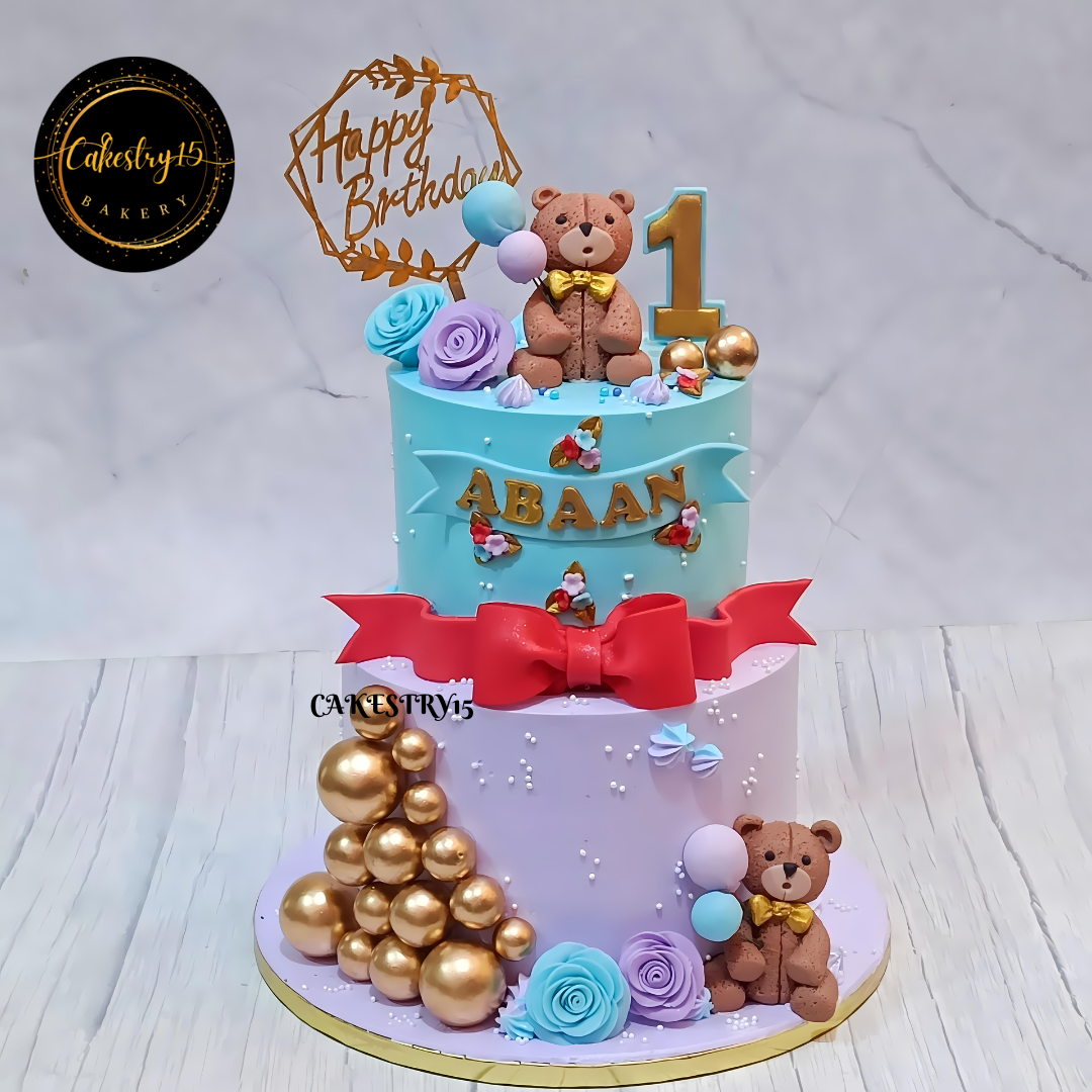 Charming Teddy Delight 3kg pineapple and black forest flavor first birthday Cake by cakestry15,noida,cake full image