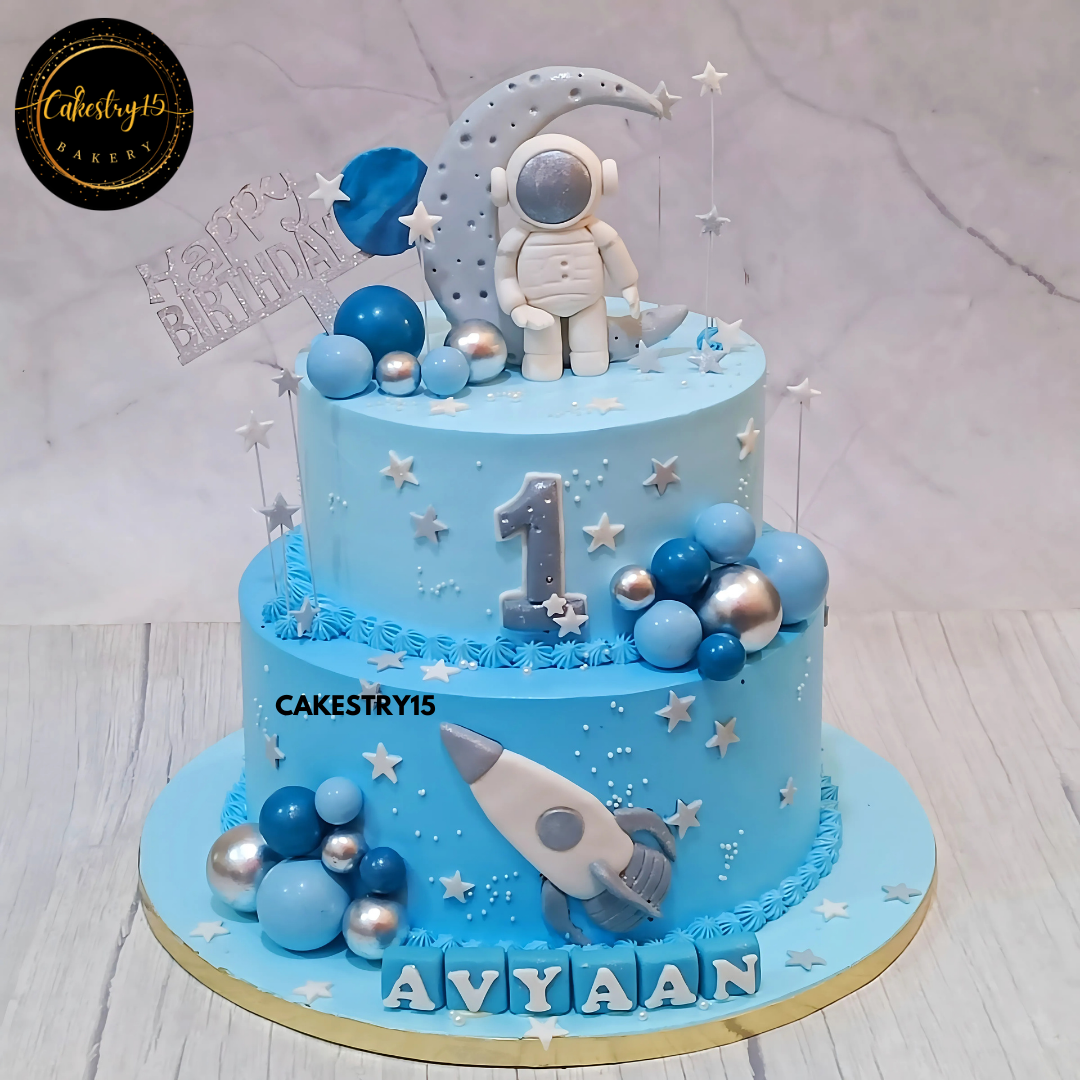 Chocolate Cosmic Voyage,5kg 2tier first birthday cake by cakestry15 noida,cake full image,cake for boys