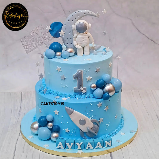 Chocolate Cosmic Voyage,5kg 2tier first birthday cake by cakestry15 noida,cake full image,cake for boys