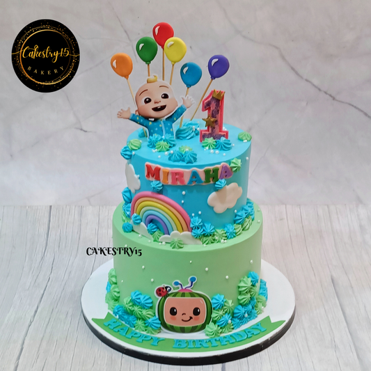 Cocomelon Balloon theme,3kg size,pineapple flavor,first birthday Cake by Cakestry15 Noida,full Image