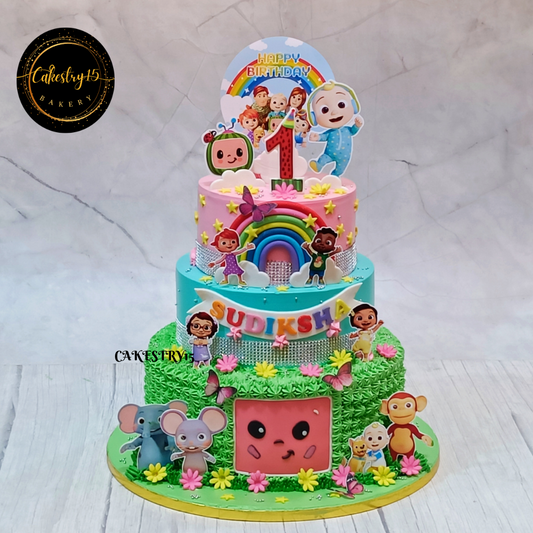 Cocomelon Carnival,5kg size,3tier,pineapple flavor,first birthday Cake by cakestry15,noida,full image