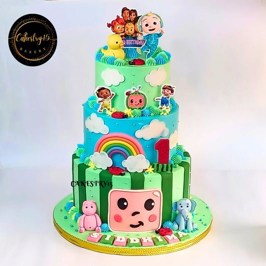 Cocomelon Friends,6kg size,3tier,pineapple flavor,1st birthday Cake by Cakestry15,noida,full cake image