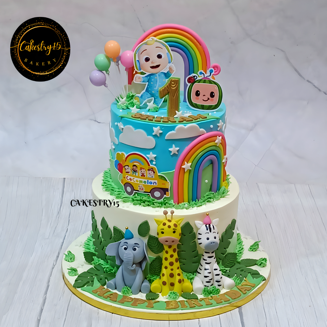 Cocomelon Jungle Adventure theme, 3kg size,pineapple flavor,first birthday Cake by Cakestry15 Noida,full image