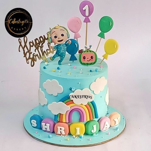 Cocomelon Rainbow,1kg size,pineapple flavor,1st birthday Cake by cakestry15,noida,full cake image