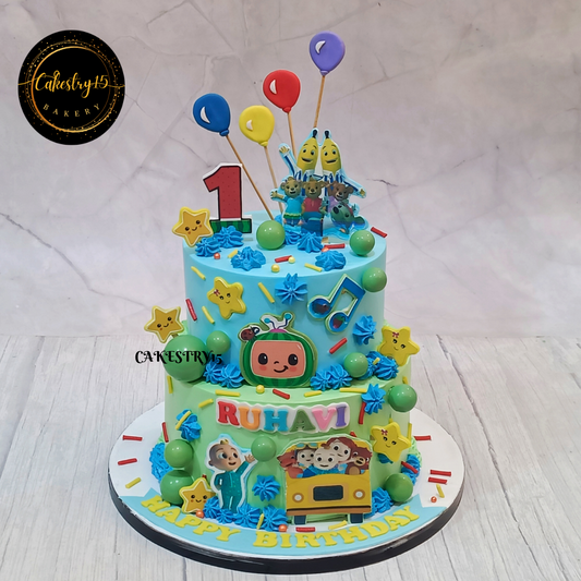 Cocomelon theme 3kg 2tier pineapple flavour 1st birthday Cake,full image