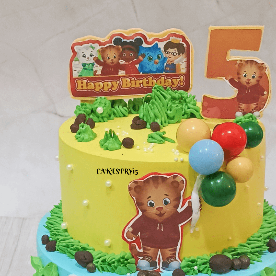 Daniel Tiger 3kg Butterscotch 3kg 2tier 5th Birthday Cake,cake for boys,top angle picture