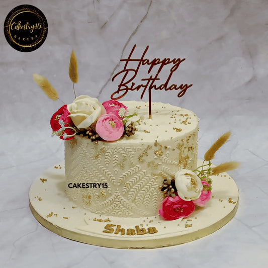  Elegant Floral Delight,1kg black forest flavour birthday cake by cakestry5 noida,engraving cake design,cake full image