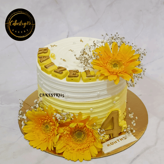 Floral Sunflower 1kg Pineapple 4 months Birthday Cake,unisex cakes,full image