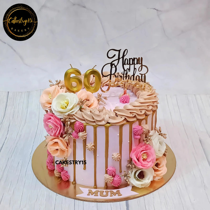 Mum's 60th Birthday Cake with Golden Drips & Faux Carnations