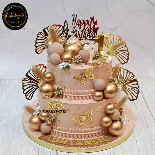 Golden Elegance Birthday Cake,2kg pineapple first birthday cake for a girl by cakestry15 noida,cake full image