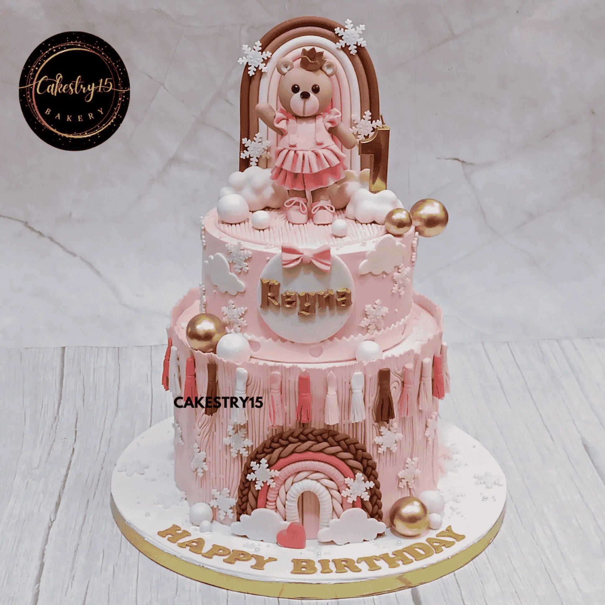 Golden Teddy Dreams,3kg choco vanilla first birthday cake for a girl by cakestry15 noida serving noida and nearby,cake full image