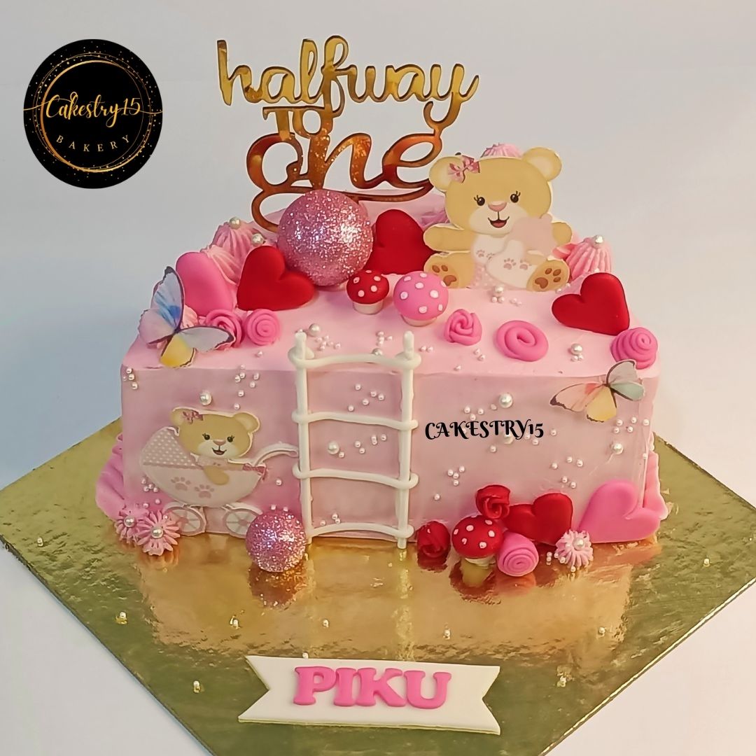 Halfway To One Pink Teddy 1kg Butterscotch birthday Cake by cakestry15,noida,cake full image