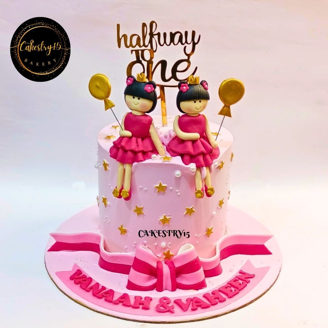 Halfway To One Twins 1.5kg Pineapple Birthday Cake by cakestry15,noida,cake full image