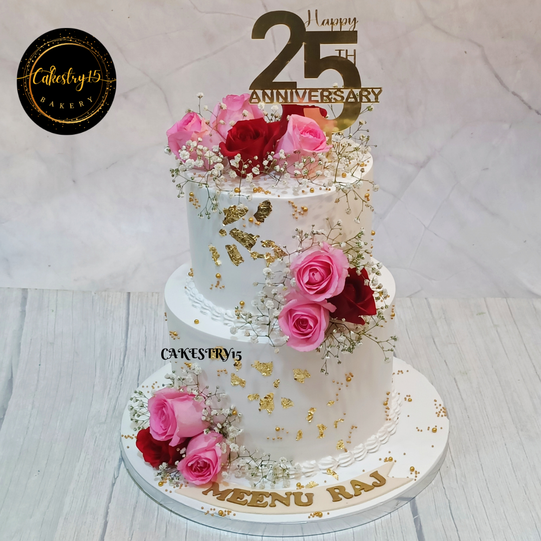 Happy 25th Anniversary floral 3kg size 2tier butterscotch flavor cake by cakestry15,noida,full image