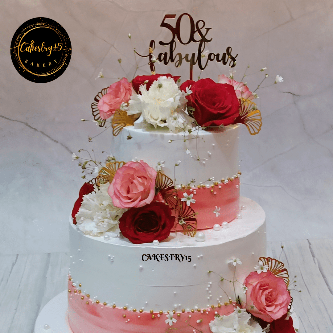 Happy 50th Anniversary Enchanted 4kg Floral Pineapple Cake by cakestry15,noida,cake top zoom  image