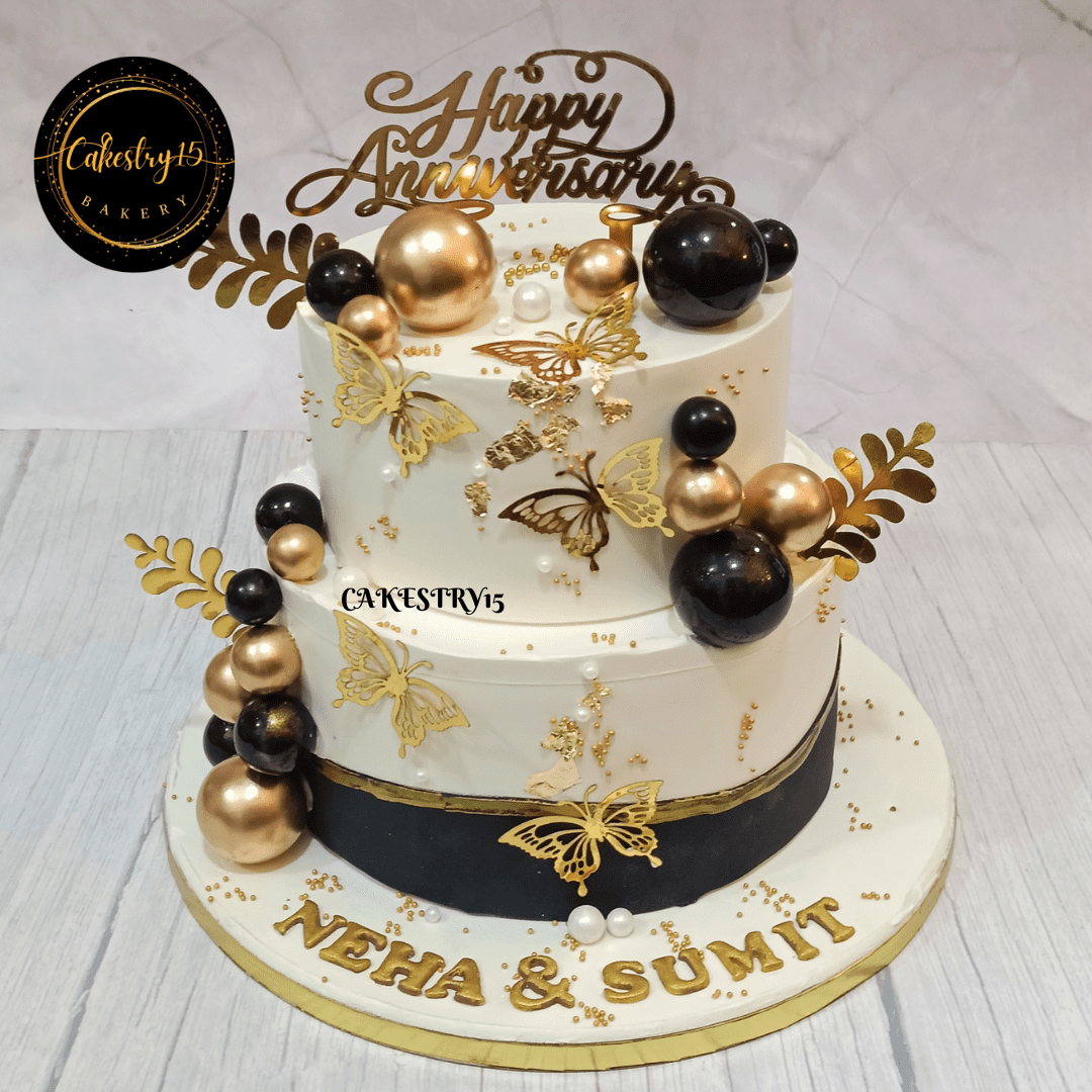 Happy Anniversary  3kg pineapple 2tier floral decoration cake by cakestry15 noida,full image