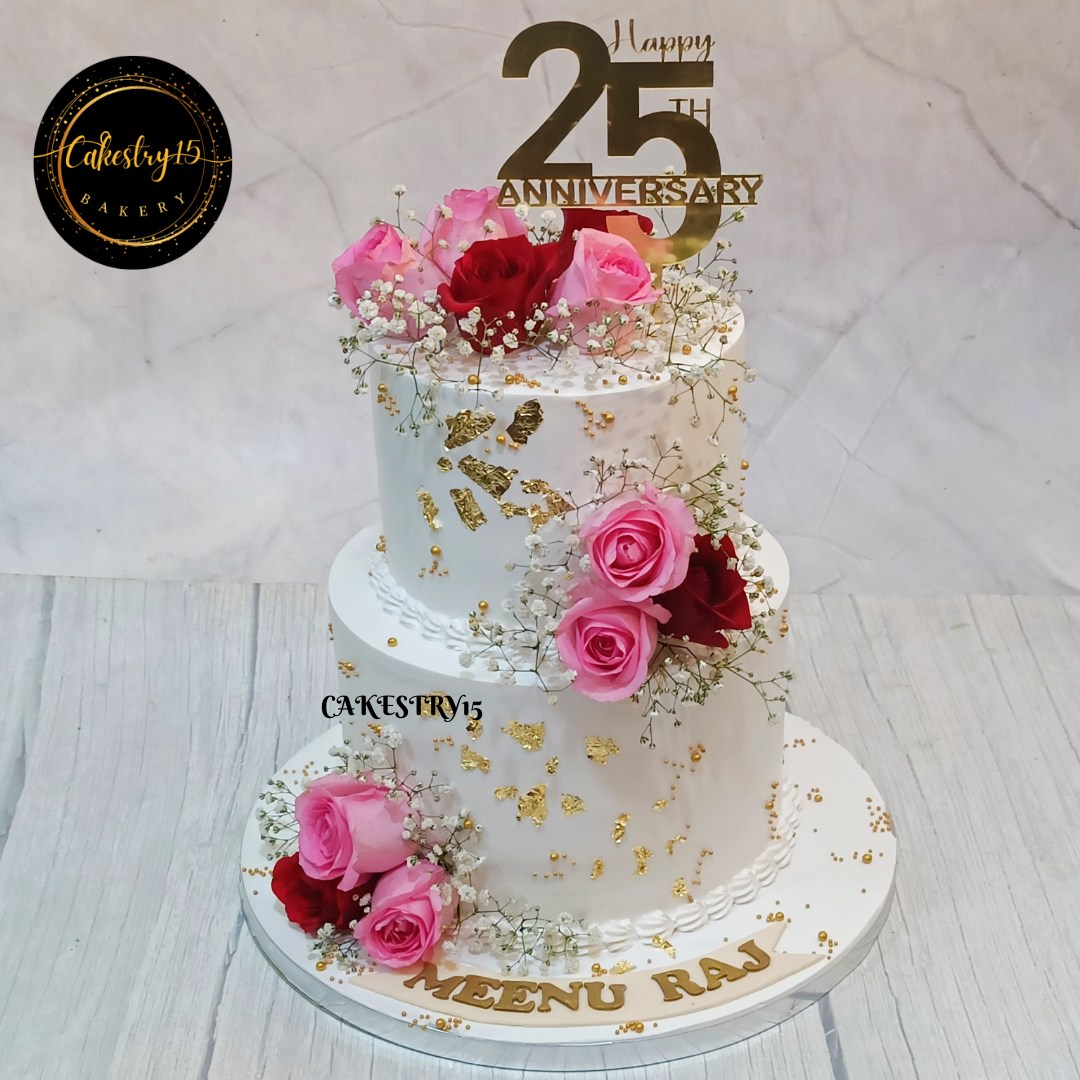 Happy Anniversary floral 3kg size 2tier butterscotch flavor cake by cakestry15,noida,full image