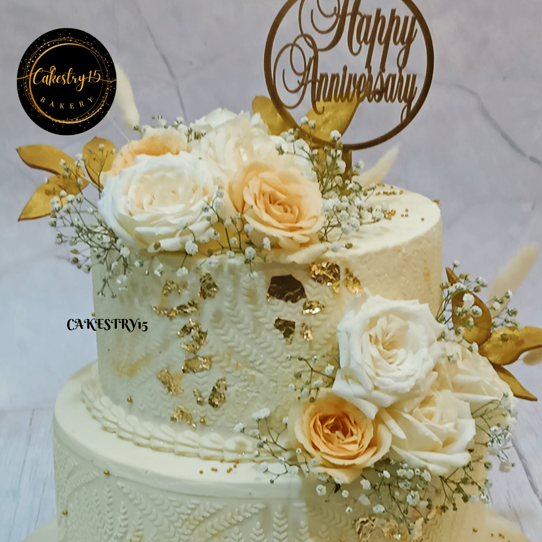 Happy Anniversary theme 5kg 2tier chocolate floral decoration cake by cakestry15,noida,cake top tier close up image