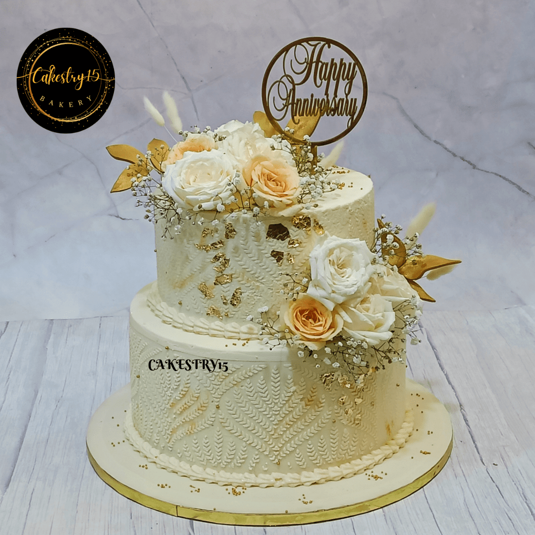 Happy Anniversary theme 5kg 2tier chocolate floral decoration cake by cakestry15,noida,full image