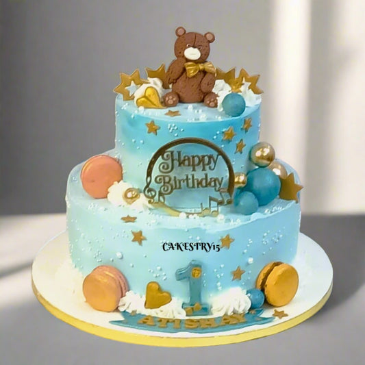 Happy Birthday Blue Teddy 3kg black forest first birthday cake by Cakestry15 noida,cake full image