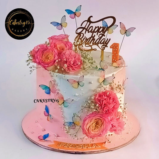 Happy Birthday Floral Rosette 2kg strawberry first birthday cake by cakestry15 noida,cake full image