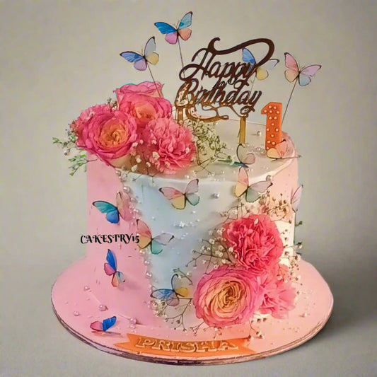 Happy Birthday Floral Rosette 2kg strawberry first birthday cake by cakestry15 noida,cake full image