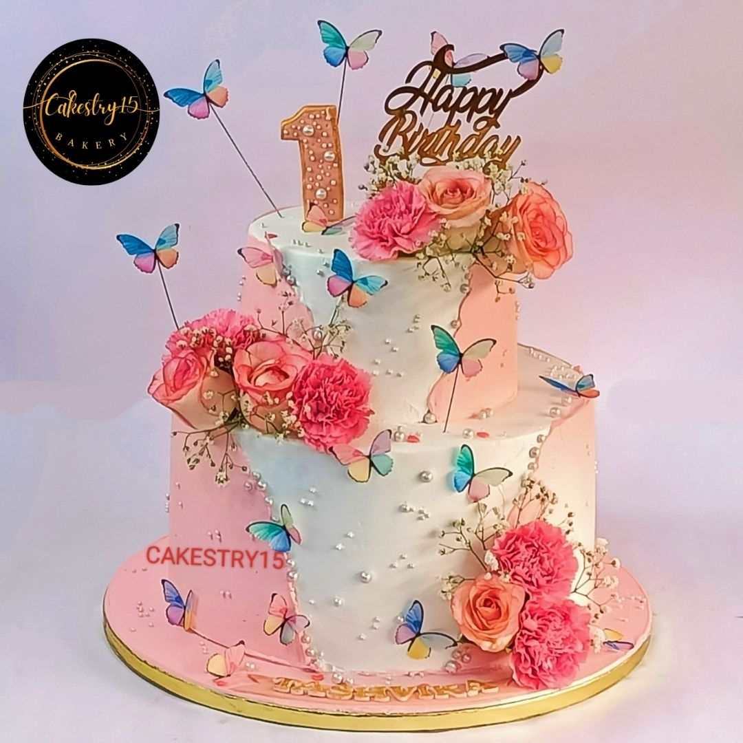 Happy Birthday Floral Rosette 5kg pineapple first birthday Cake by cakestry15,noida,cake full image