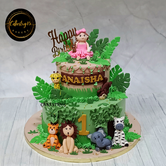 Jungle Adventure theme 4kg size 2tier blueberry flavor 1st birthday cake by cakestry15 noida,full image