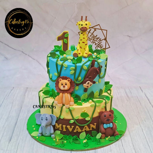 Jungle Animals Theme 3kg butterscotch 1st birthday Cake by cakestry15 noida,cake full image