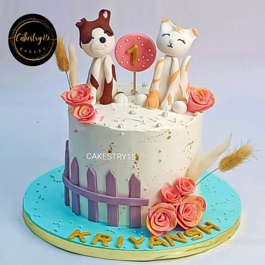 Jungle Cat & Dog 1kg strawberry 1st birthday cake by cakestry15,noida,cake full image