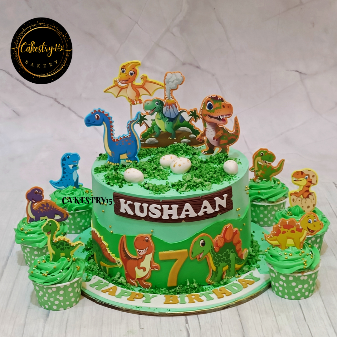 Jungle Dino theme,2kg size,pineapple flavor,7th birthday Cake by cakestry15 noida,full image