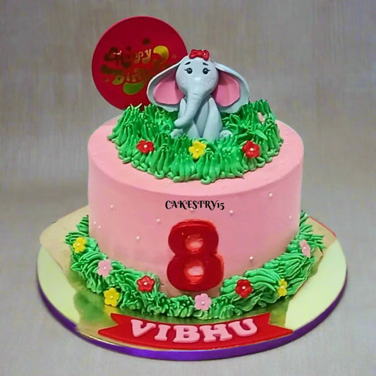 Jungle Elephant Theme 1kg vanilla birthday Cake by cakestry15 noida,cake full image