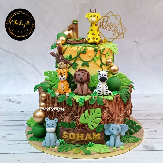 Jungle Family 4kg black forest 1st birthday  Cake by cakestry15,noida,cake full image