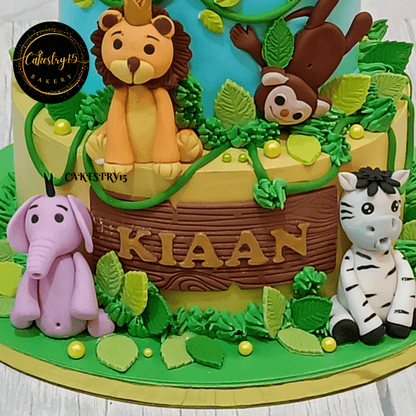 Jungle Fun 2kg Butterscotch 2tier 2nd birthday cake,unisex cakes,cakestry15,bottom tier close up  image