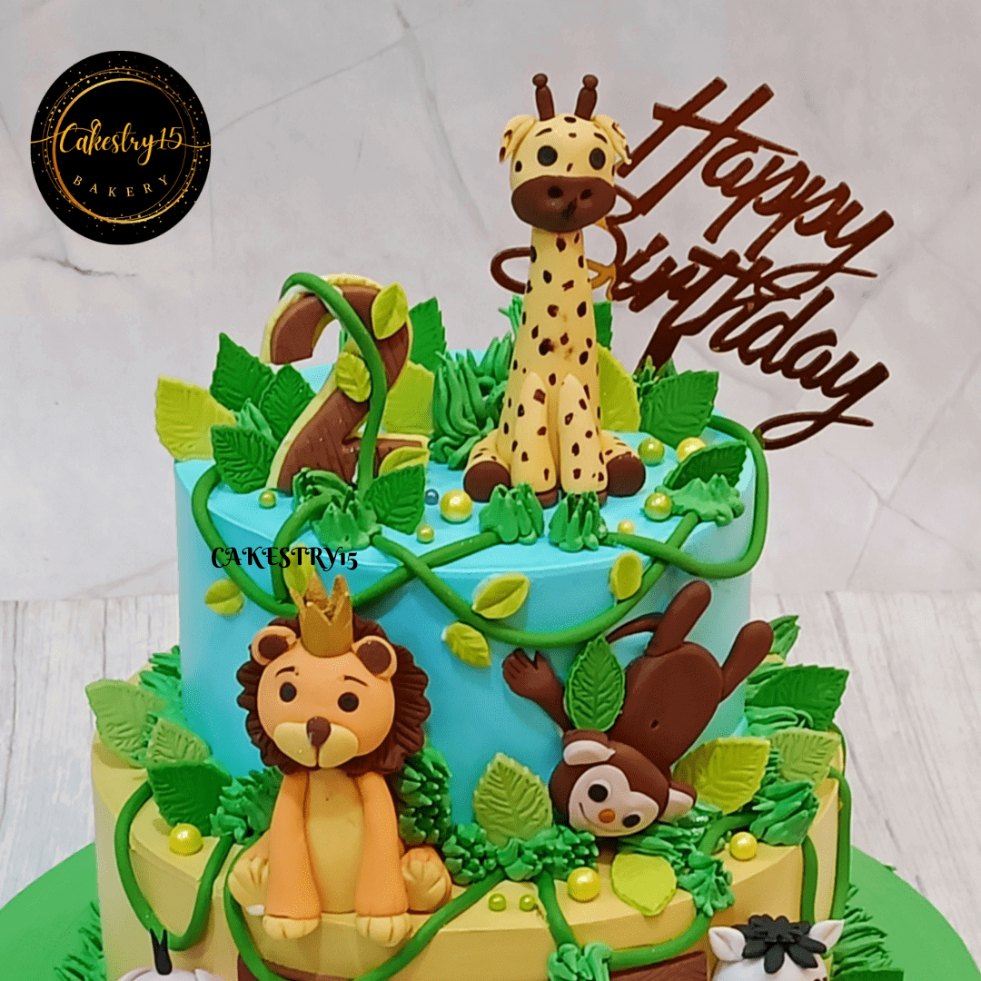 Jungle Fun 2kg Butterscotch 2tier 2nd birthday cake,unisex cakes,cakestry15,top tier close up  image