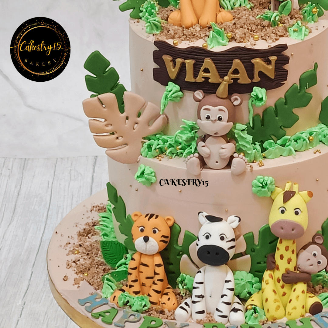 Jungle Ride 2kg 2tier First Birthday strawberry Cake,unisex cakes,bottom tier  image