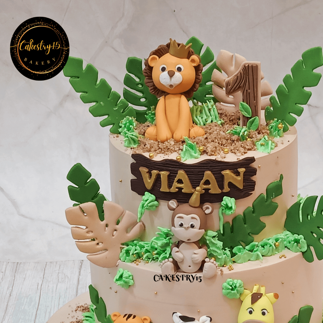 Jungle Ride 2kg 2tier First Birthday strawberry Cake,unisex cakes,top tier  image