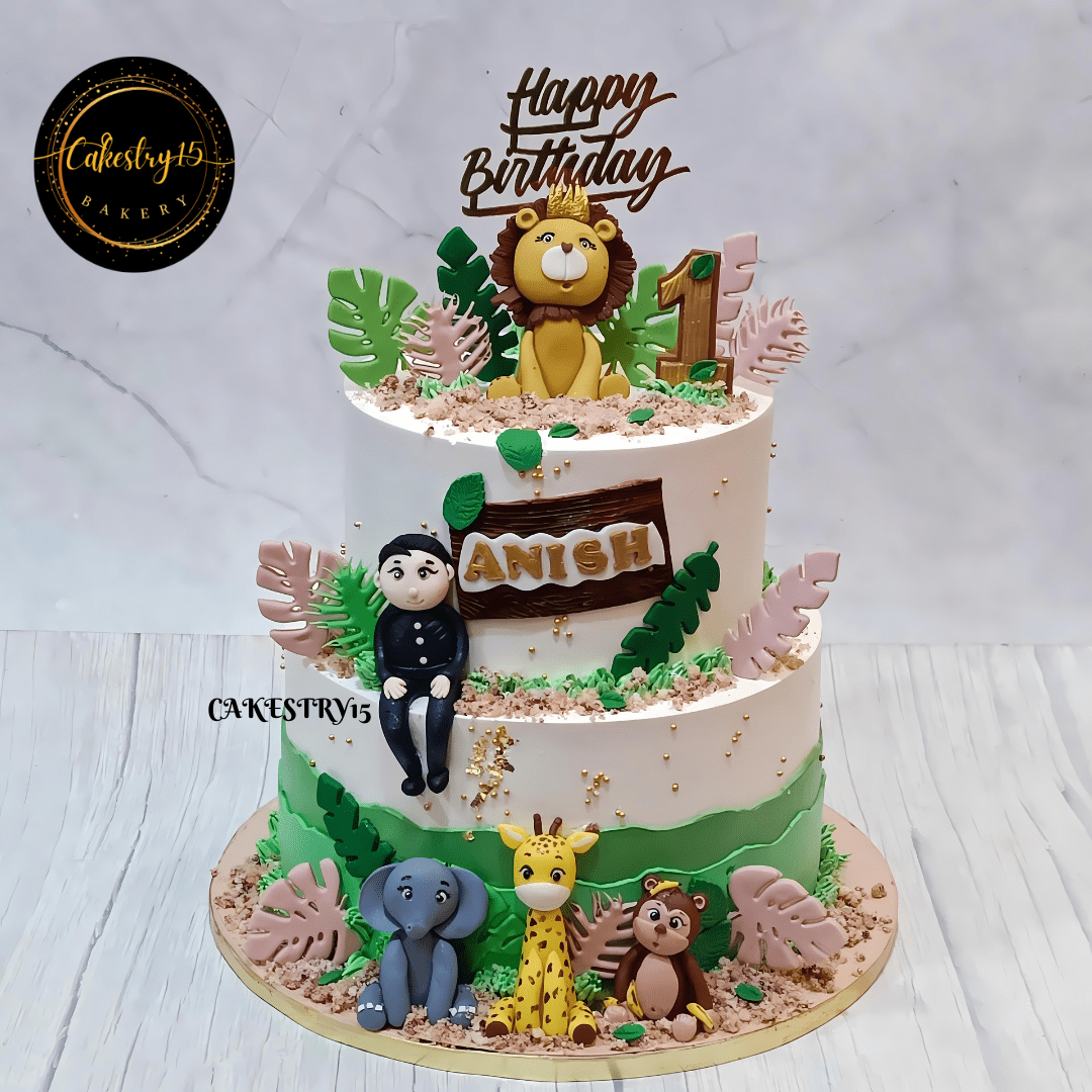 Jungle Safari Adventure 5kg black forest first birthday Cake,cakestry15,noida,cake for boys,cake full image