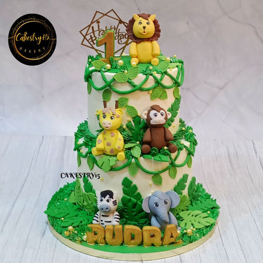 Jungle Safari Theme 3kg pineapple 1st birthday Cake by cakestry15,noida,cake full image