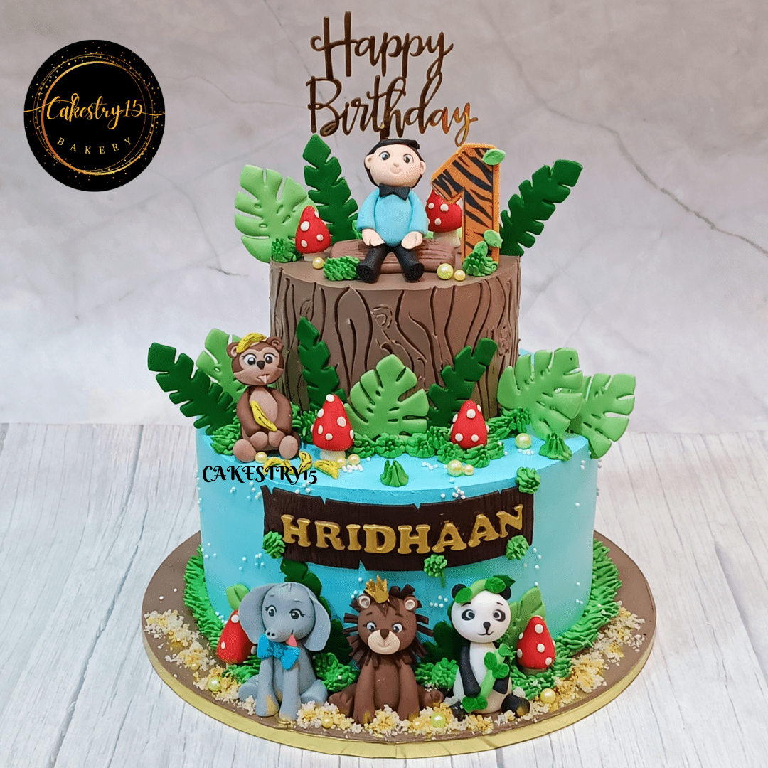 Jungle Spectacle 4kg Butterscotch 2tier first birthday cake,full image of cake