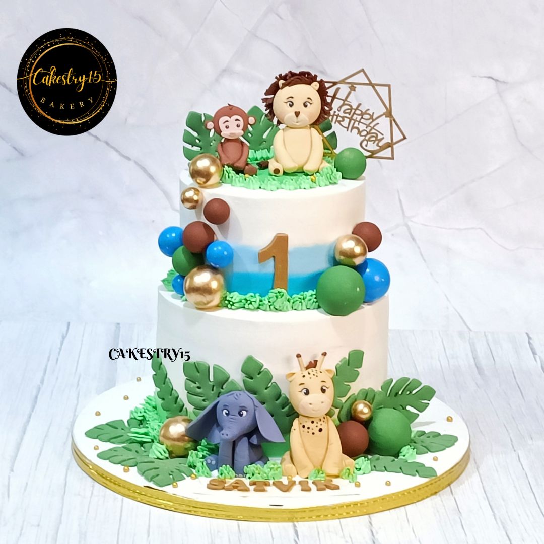 Jungle Theme 3kg pineapple 1st birthday Cake by cakestry1 noida,cake full image